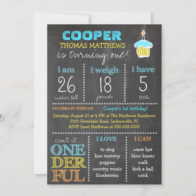 GC Onederful First Birthday Boy Chalkboard Invitation (Front)
