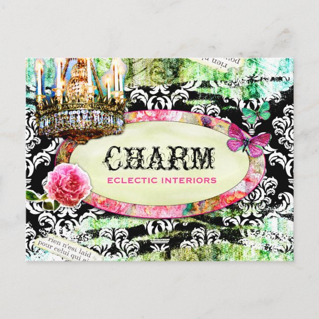 GC Shabby Vintage Charm Black Damask Postcard (Front)