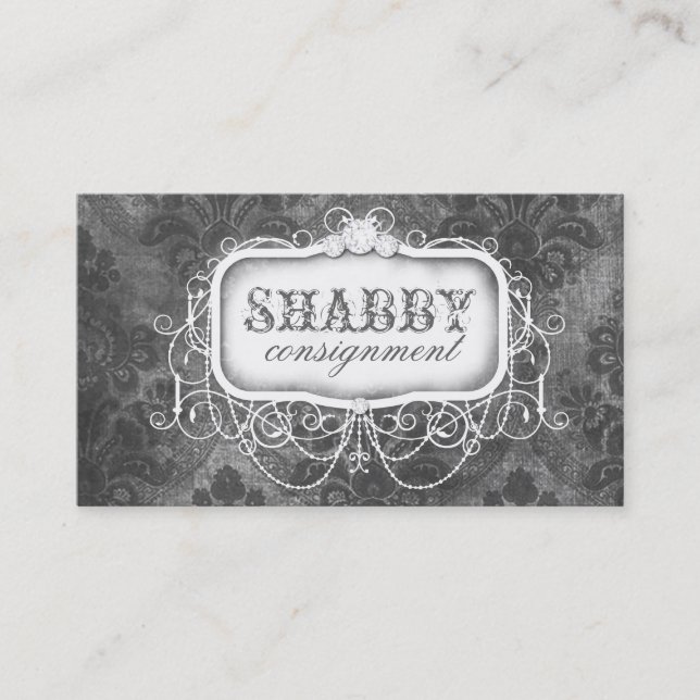 GC Shabby Vintage Grey Damask Business Card (Front)