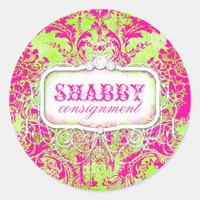GC Shabby Vintage Pink and Lime Damask Sticker (Front)