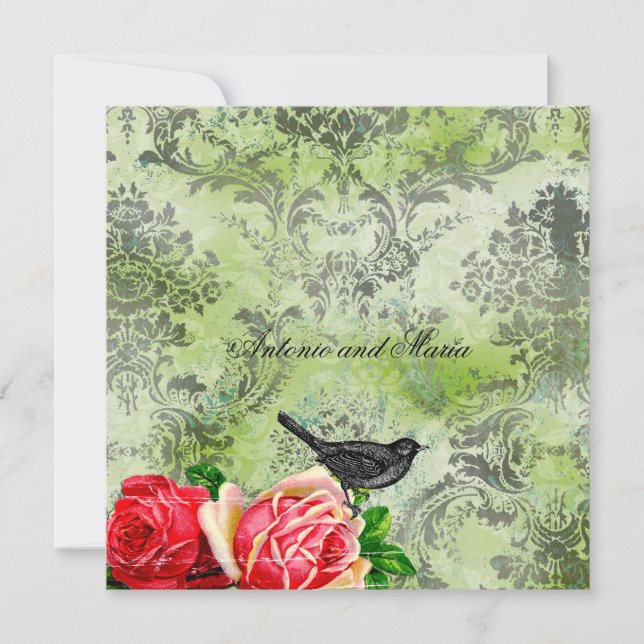 GC | Vintage Bird & Rose | Lime Damask Invitation (Front)