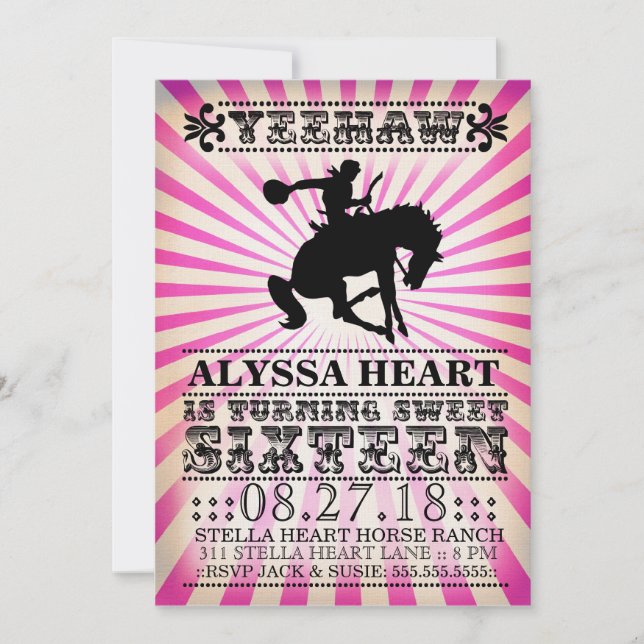 GC Yeehaw Rodeo Sweet Sixteen Birthday Pink Black Invitation (Front)