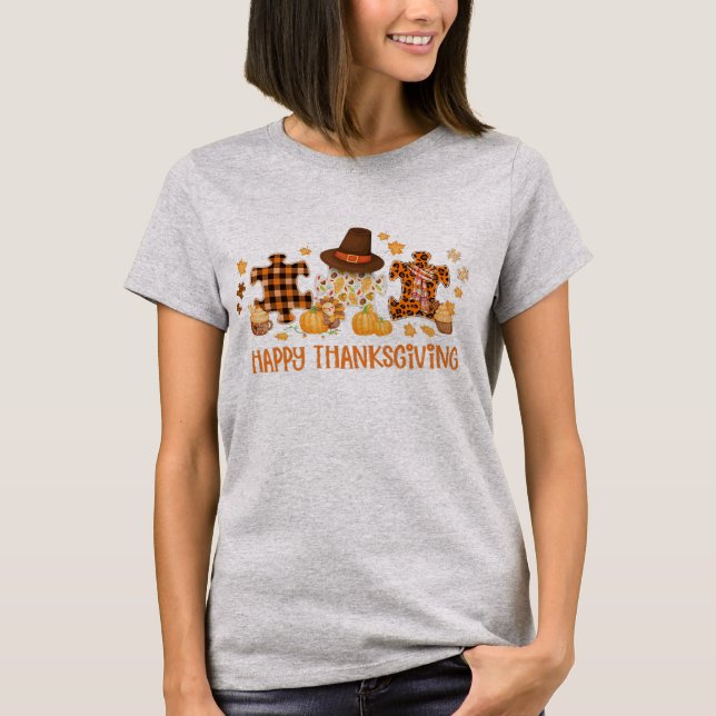 gd5b Happy Thanksgiving Leopard Autism Awareness T-Shirt (Front)