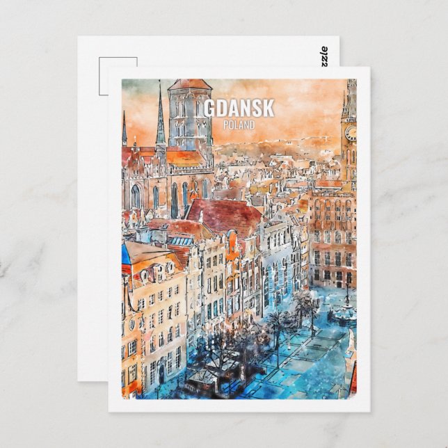 Gdansk Poland Famous Travel Watercolor Sketch Postcard (Front/Back)