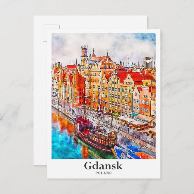 Gdansk Poland Travel Watercolor Hand Drawn Postcard (Front/Back)