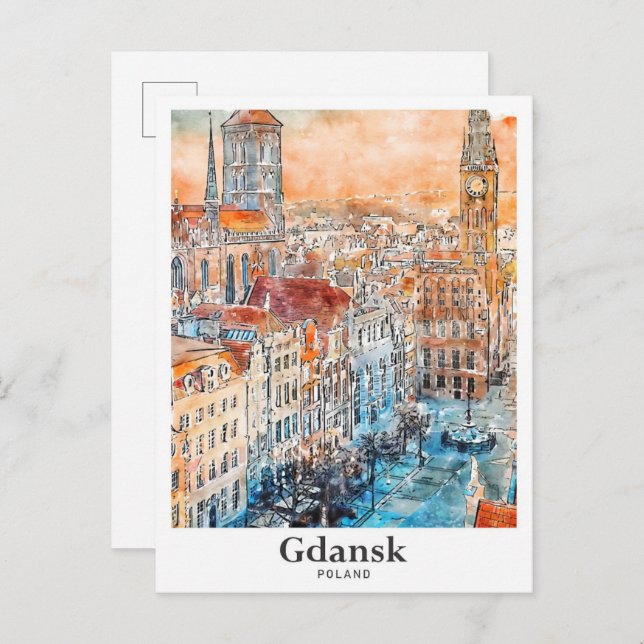 Gdansk Poland Travel Watercolor Hand Drawn Postcard (Front/Back)