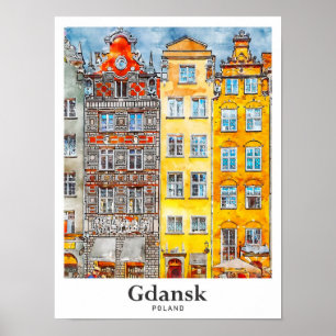Gdansk Poland Travel Watercolor Hand Drawn Poster