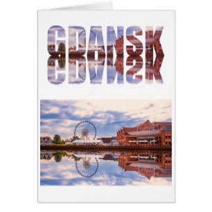 Gdansk text with old town view with reflection