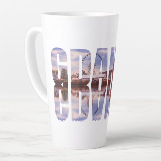 Gdansk text with old town view with reflection latte mug (Left Angle)