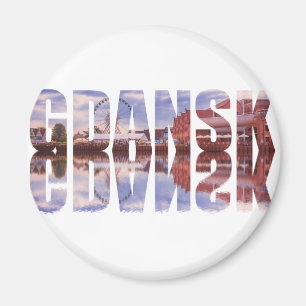 Gdansk text with old town view with reflection magnet