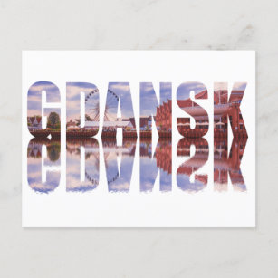 Gdansk text with old town view with reflection postcard
