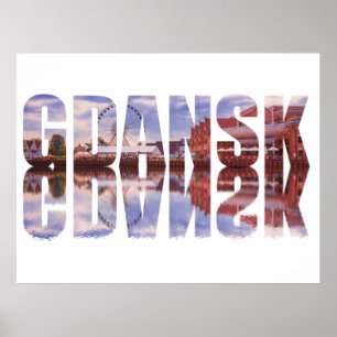 Gdansk text with old town view with reflection poster