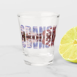 Gdansk text with old town view with reflection shot glass