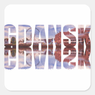 Gdansk text with old town view with reflection square sticker