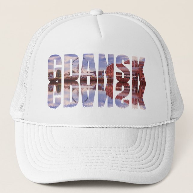Gdansk text with old town view with reflection trucker hat (Front)