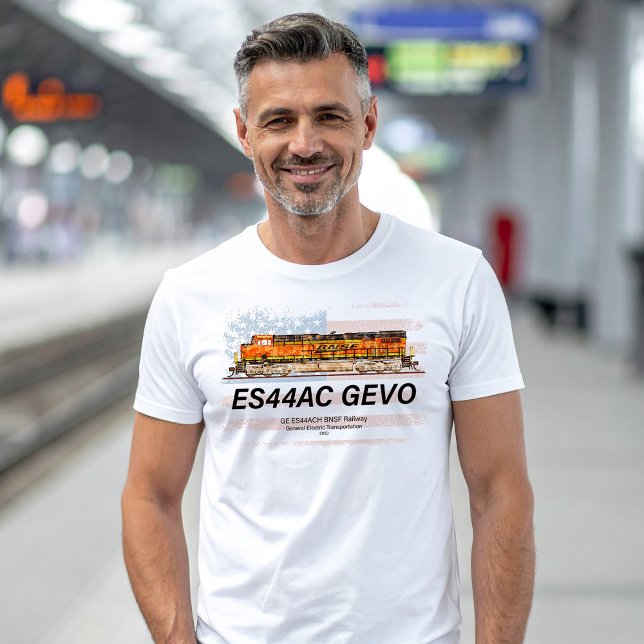 GE ES44AC GEVO Locomotive and American flag T-Shirt (GE ES44AC GEVO Locomotive. BNSF freight train. Mens Basic T-Shirt)
