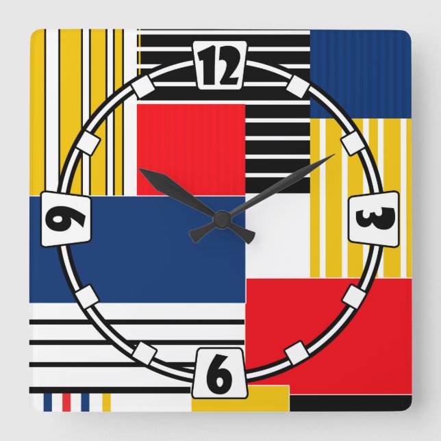 Geametric modern striped lined retro colours navy  square wall clock (Front)