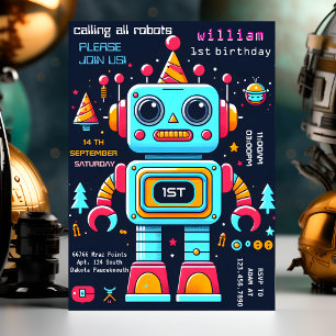 gear boy cute Toy funny robot first 1st birthday Invitation
