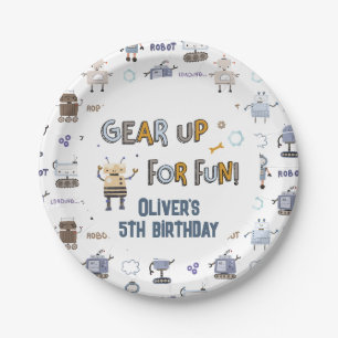 Gear Up for Fun Robot Kids Happy Birthday Paper Plate