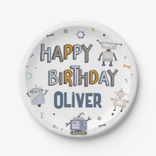 Gear Up for Fun Robot Kids Happy Birthday Paper Plate