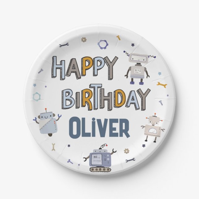 Gear Up for Fun Robot Kids Happy Birthday Paper Plate (Front)