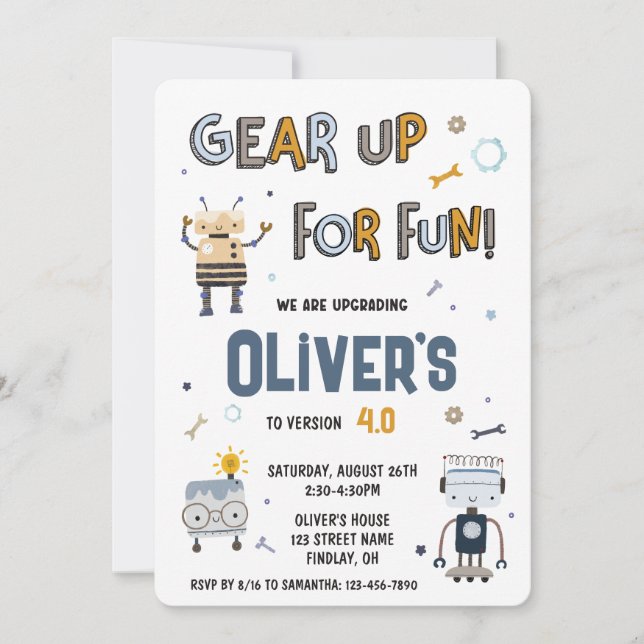 Gear Up For Fun Robots Characters Birthday Party Invitation (Front)