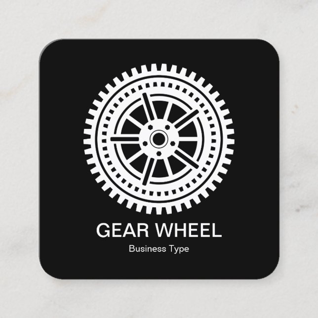 Gear Wheel 04 -  White on Black Square Business Card (Front)