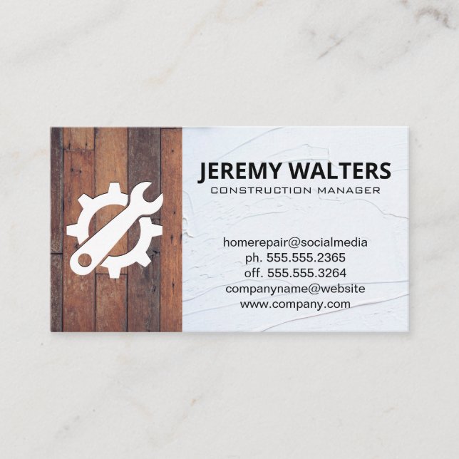 Gear Wrench Logo | Wood Background Business Card (Front)