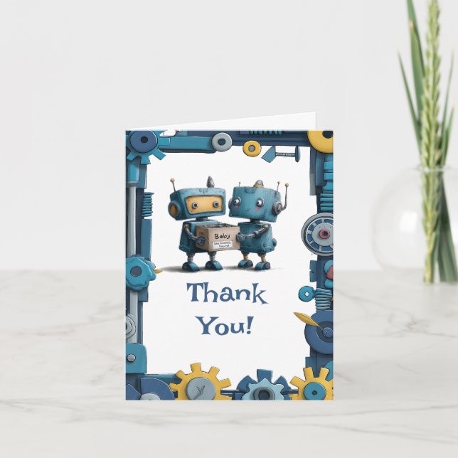 Gearing Up for Baby - Robot Baby Shower Thank You Card (Front)