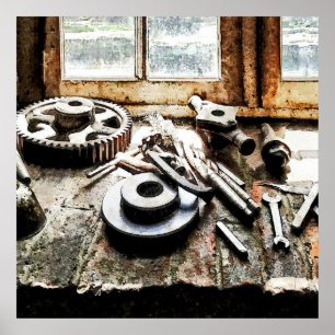 Gears and Wrenches in Machine Shop Poster