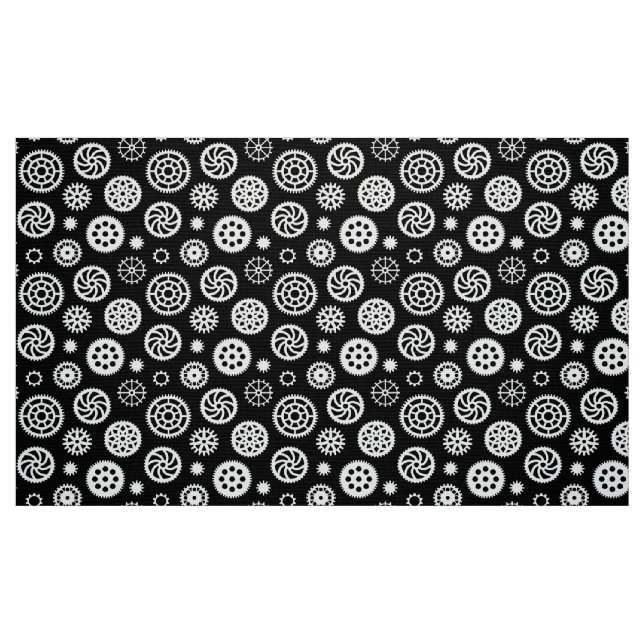 Gears Pattern 070819 - White on Black Fabric (Fat Quarter)