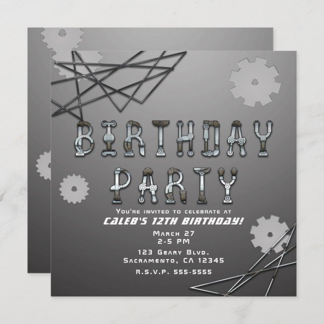 Gears Robot Futuristic Cool Fun Birthday Party Invitation (Front/Back)