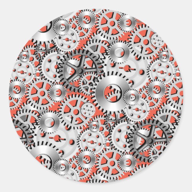 Gears Silver Orange Steampunk Mechanic Engineering Classic Round Sticker (Front)