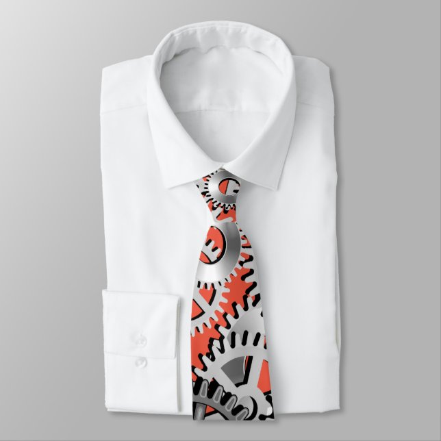 Gears Silver Orange Steampunk Mechanic Engineering Tie (Tied)