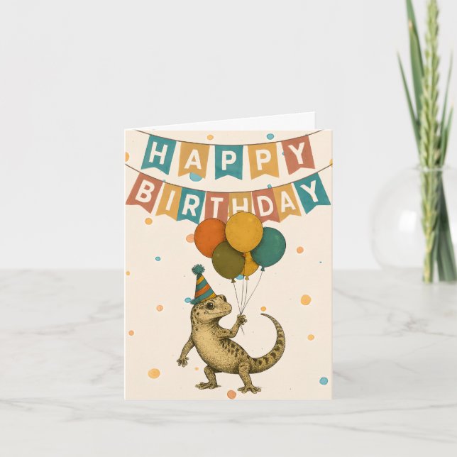 Gecko Birthday Card – Funny Reptile with Balloons (Front)