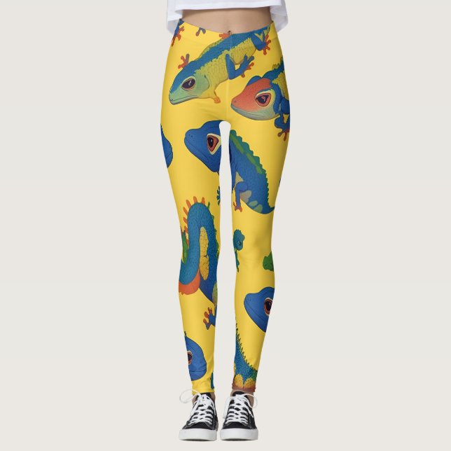 Gecko Blue Retro Colourful Personalised Pattern Leggings (Front)
