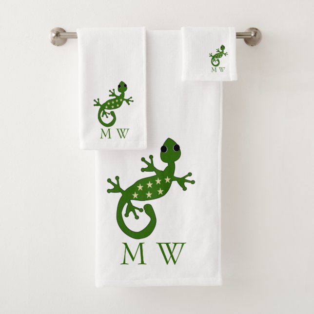 Gecko Lizard Design Monogrammed Bath Towel Set (Insitu)