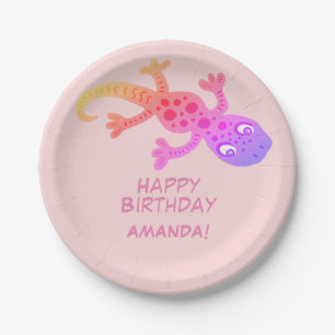 Gecko Lizard Rainbow Custom Name Kids Birthday Paper Plate