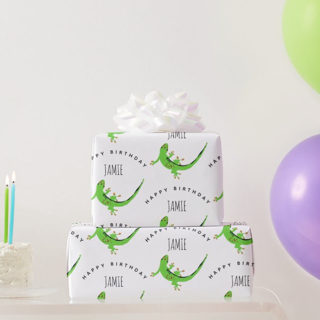 Gecko Lizard Reptile Birthday Custom Name  Wrapping Paper (Party Gifts)