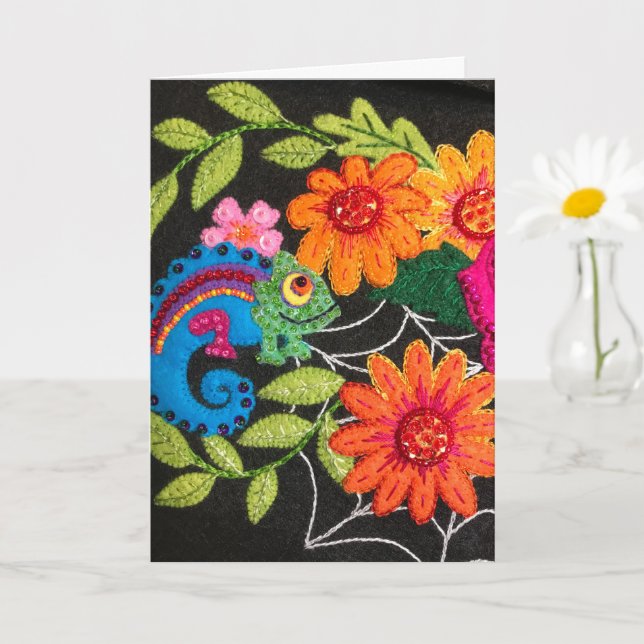 Gecko Lizard Stitched Felt Beads Sequins Card (Small Plant)