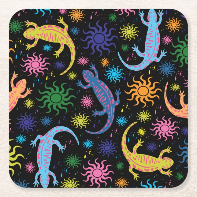 Gecko Lizards Multi-Coloured All Over Print Square Paper Coaster (Front)
