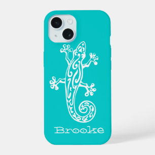 Gecko reptile white & aqua name iPhone 15 case