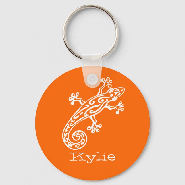 Gecko reptile white & orange named keychain (Front)