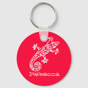 Gecko reptile white & red named keychain