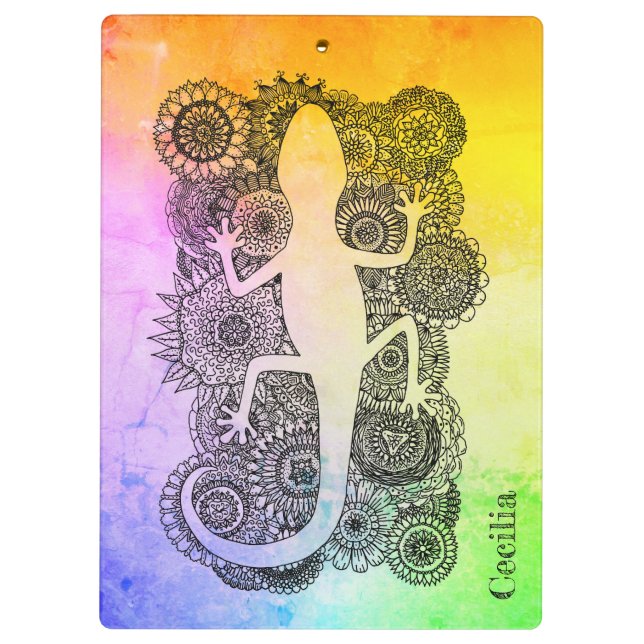 Gecko sits on Mandala Floumen Clipboard (Back)