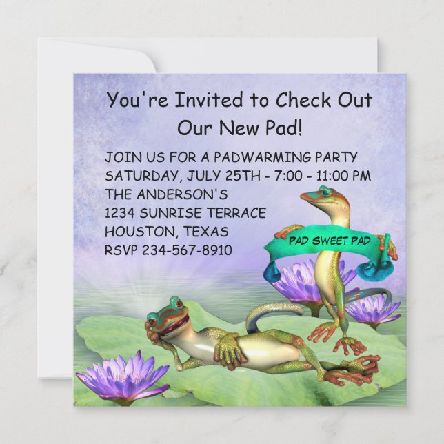 Gecko Water Lily Pad Fun Housewarming Party Invitation (Front)