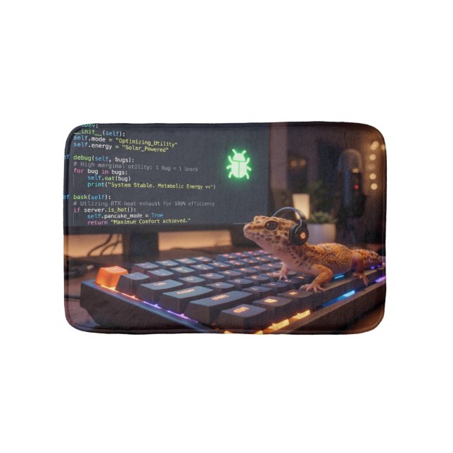 GeckoDev // Cyberpunk Programmer Leopard Gecko Bat Bath Mat (Front)