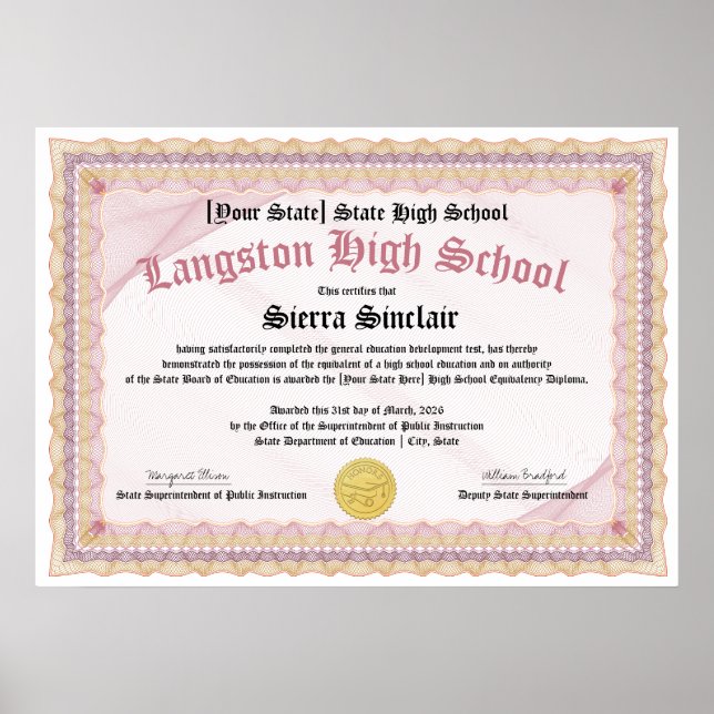 GED General High School Equivalency Diploma Copy Poster (Front)