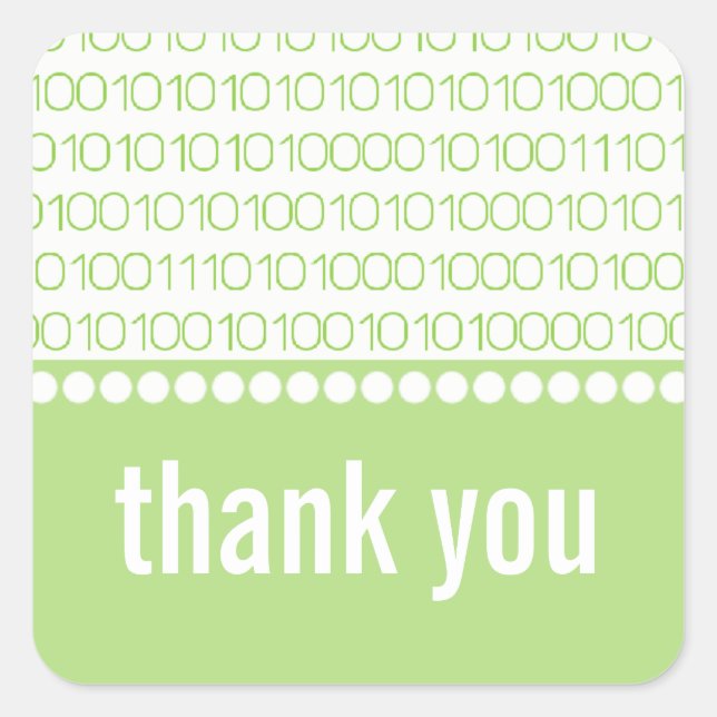 Geek Chic Binary Code Thank You Stickers, Green Square Sticker (Front)