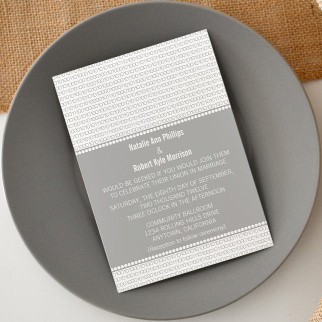 Geek Chic Binary Code Wedding Invitation, Grey Invitation (Gray Geek Chic Binary Code Wedding Invitation)